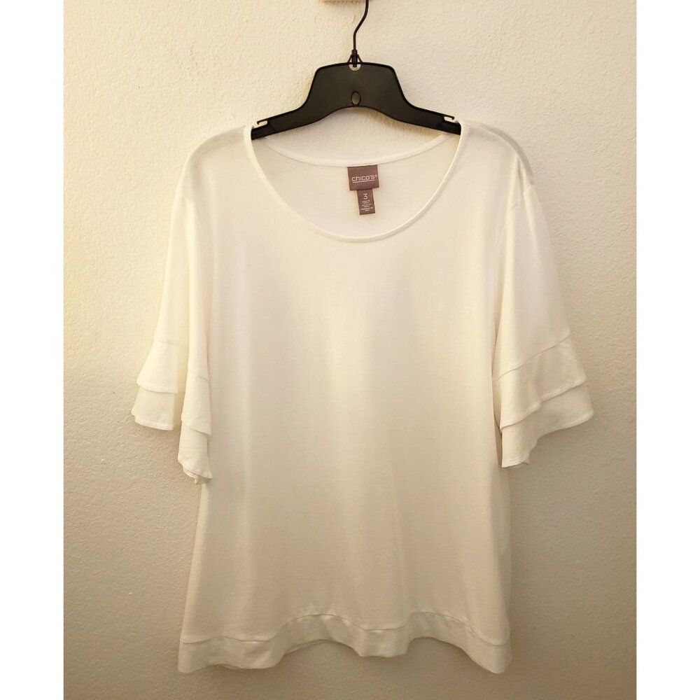 Chico's Cotton Modal Blend White Pullover Ruffle SleeveTunic Top Size L EUC